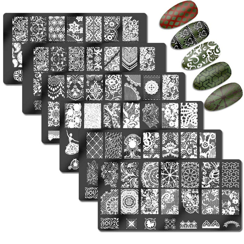 WOKOTO Nail Art Stamping Plates Set Lace Flower Image 6Pcs Nail Art Templates Manicure Plates kit - BeesActive Australia