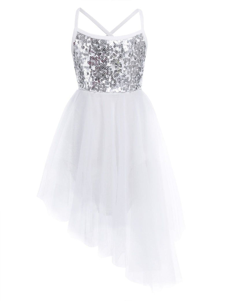[AUSTRALIA] - YiZYiF Kids Girl's Sequined Camisole Ballet Dress Chiffon Dance Leotard Asymmetric White 8 / 10 