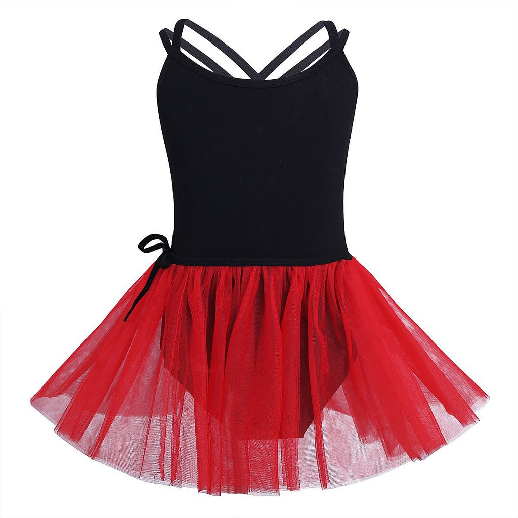 [AUSTRALIA] - iEFiEL Girls Cotton Spaghetti Straps Ballet Dance Gymnastics Leotard with Mesh Tutu Skirt Dancing Outfit 3 / 4 Black/Red 