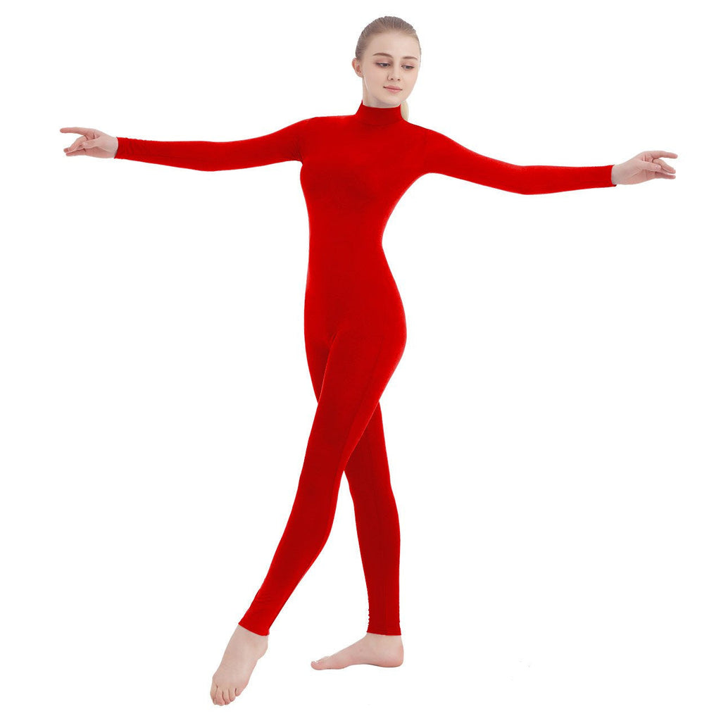 SUPRNOWA Unisex Turtleneck Footed/Footless Long Sleeve Spandex Full Body Unitard Medium Red (Footless) - BeesActive Australia