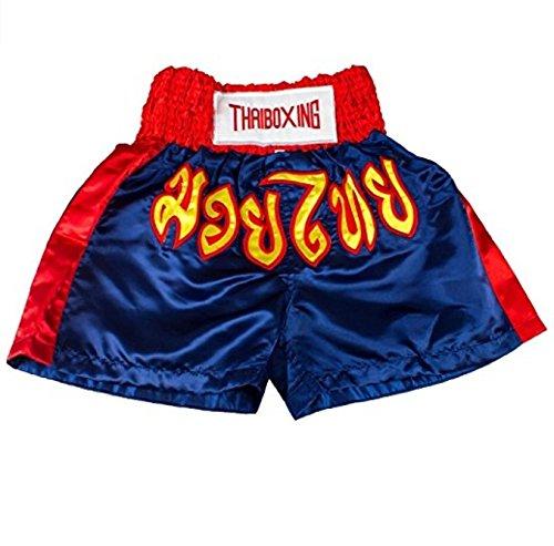 [AUSTRALIA] - asmanjune Kids Muay Thai Boxing Shorts Kick Boxing Trunks Satin Dark Blue & red Size s 