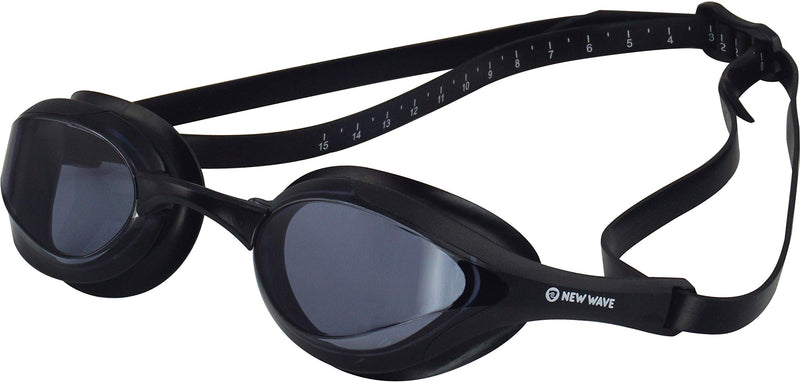 New Wave Swim Goggles with Protective Storage Case - Anti Fog Lenses, Four Nose Bridges for Triathlon & Open Water Swimming Nightfall = Smoke Lens in Black Frame - BeesActive Australia