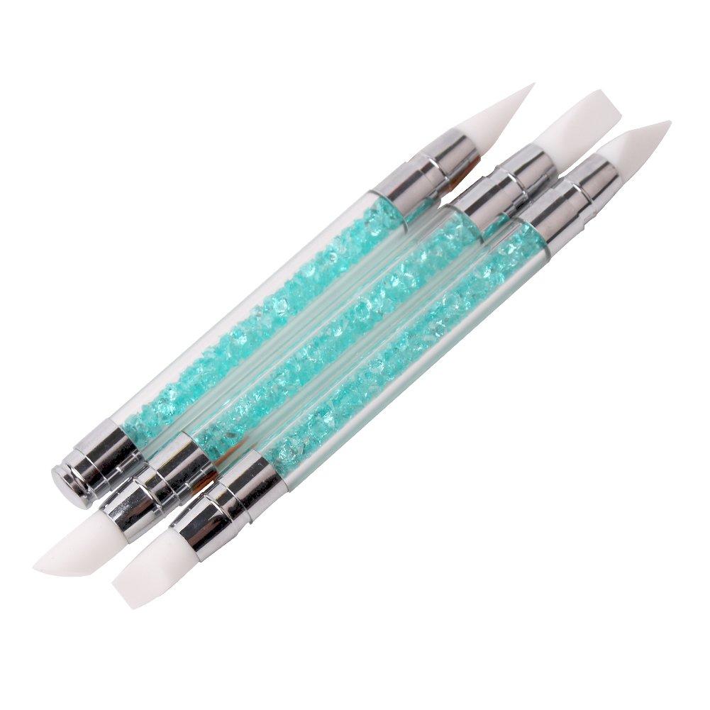 WOKOTO 3 Pcs Set 2 Ways Silicone Nail Art Acrylic Pen Brushes set Blue Rhinestones Design Sculpture Carving Brush For 3D Effect Shaping Drawing Dotting Tools Silicone carve pen - BeesActive Australia