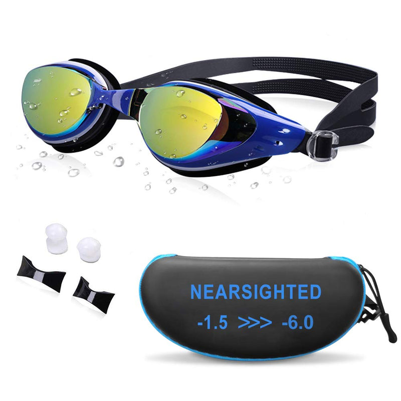 AIKOTOO Nearsighted Swim Goggles, Shortsighted Swimming Goggles -1.5 Mirrored Coating Blue 19 - BeesActive Australia