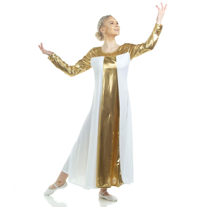 [AUSTRALIA] - Danzcue Womens Metallic Color Block Long Sleeve Praise Dance Dress 3X-Large White-gold 