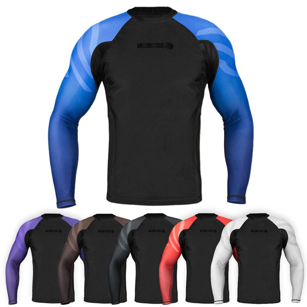 Sanabul Essentials Long Sleeve Compression MMA BJJ Wrestling Cross Training Rash Guard Blue Small - BeesActive Australia