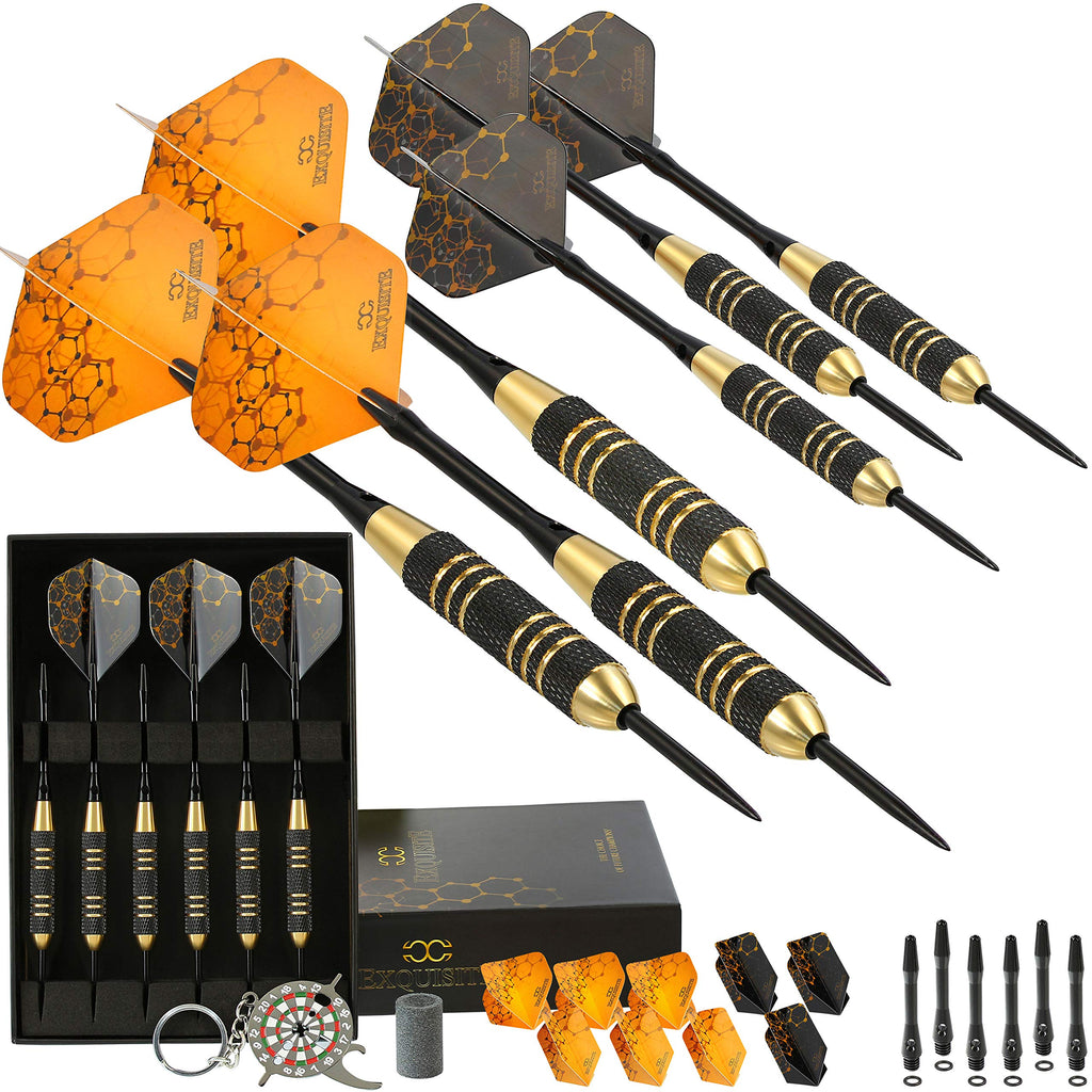 CC-Exquisite Professional Steel Tip Darts Set - 6 x 22g Brass Barrels with 12 Flights Standard/Slim, 12 Aluminum Shafts 35/48mm, 12 O-Rings, Dart Tool, Dart Sharpener and Case (Black & Gold) - BeesActive Australia