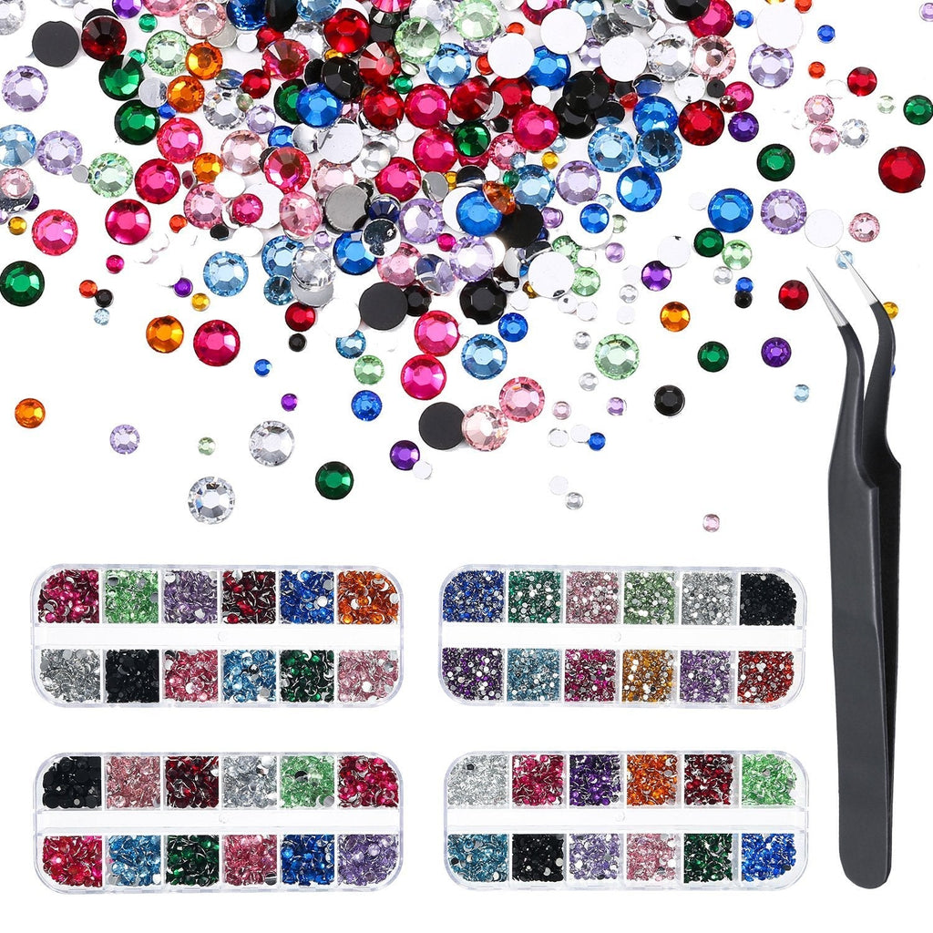 Pangda 9000 Pieces 4 Size Nail Art Rhinestones Set with 4 Boxes Nail Gems and Pick up Tweezer (Multi-Color) - BeesActive Australia