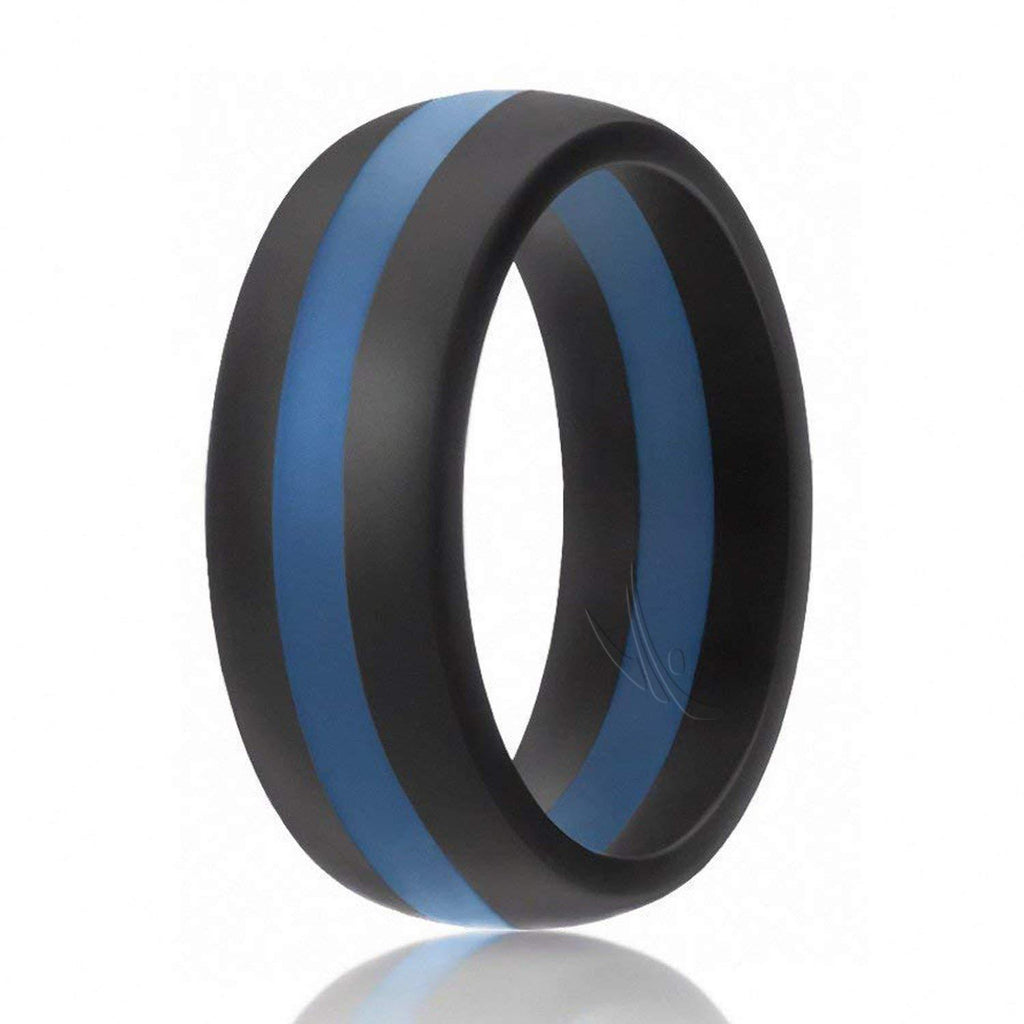 ROQ Silicone Wedding Ring for Men, 7 Pack, 4 Pack & Singles, Silicone Rubber Bands - Classic Style Solid & Striped, Metallic Look & Matte Colors 6.5 - 7 (17.35mm) Black With Blue - BeesActive Australia