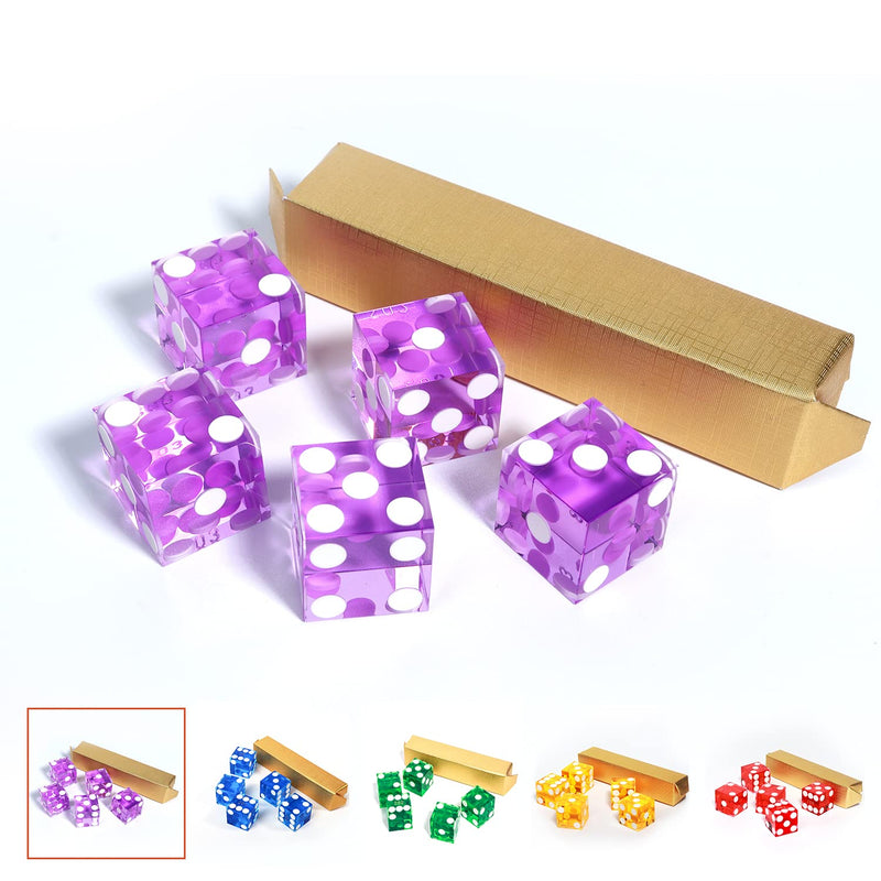 Set of 5 Poker Craps 19mm Serialized Casino Dice - Purple 19mm Purple Casino Dice Set - BeesActive Australia