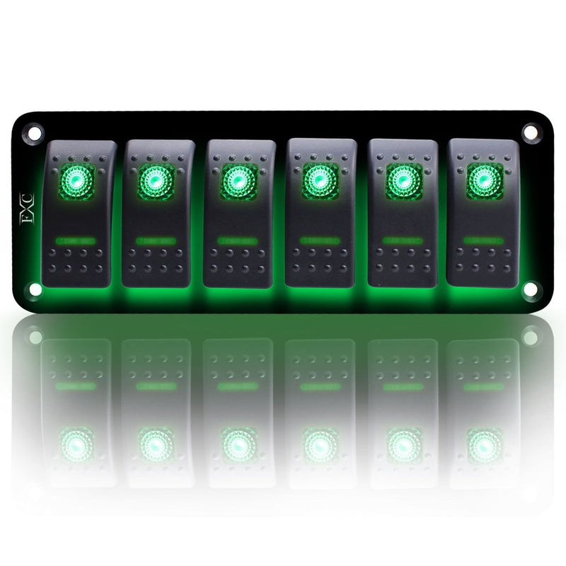 [AUSTRALIA] - FXC Rocker Switch Aluminum Panel 6 Gang Toggle Switches Dash 5 Pin ON/Off 2 LED Backlit for Boat Car Marine Green 