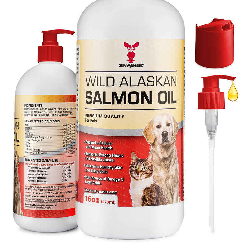 Savvybeast Wild Alaskan Salmon Oil for Dogs, Cats & Ferrets - Joint Support, Immune & Heart Health Liquid Food Supplement - Pure EPA DHA Omega 3 Fatty Acid Supplements Fish Oil for Pets - 16 & 32oz 16oz - BeesActive Australia