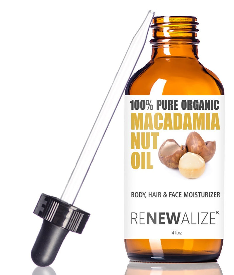 Organic Macadamia Nut Oil Facial Moisturizer for Dry Skin by Renewalize - In Large 4oz Glass Bottle | Cold Pressed and Unrefined Face Oil | For the Oil Cleansing Method - BeesActive Australia