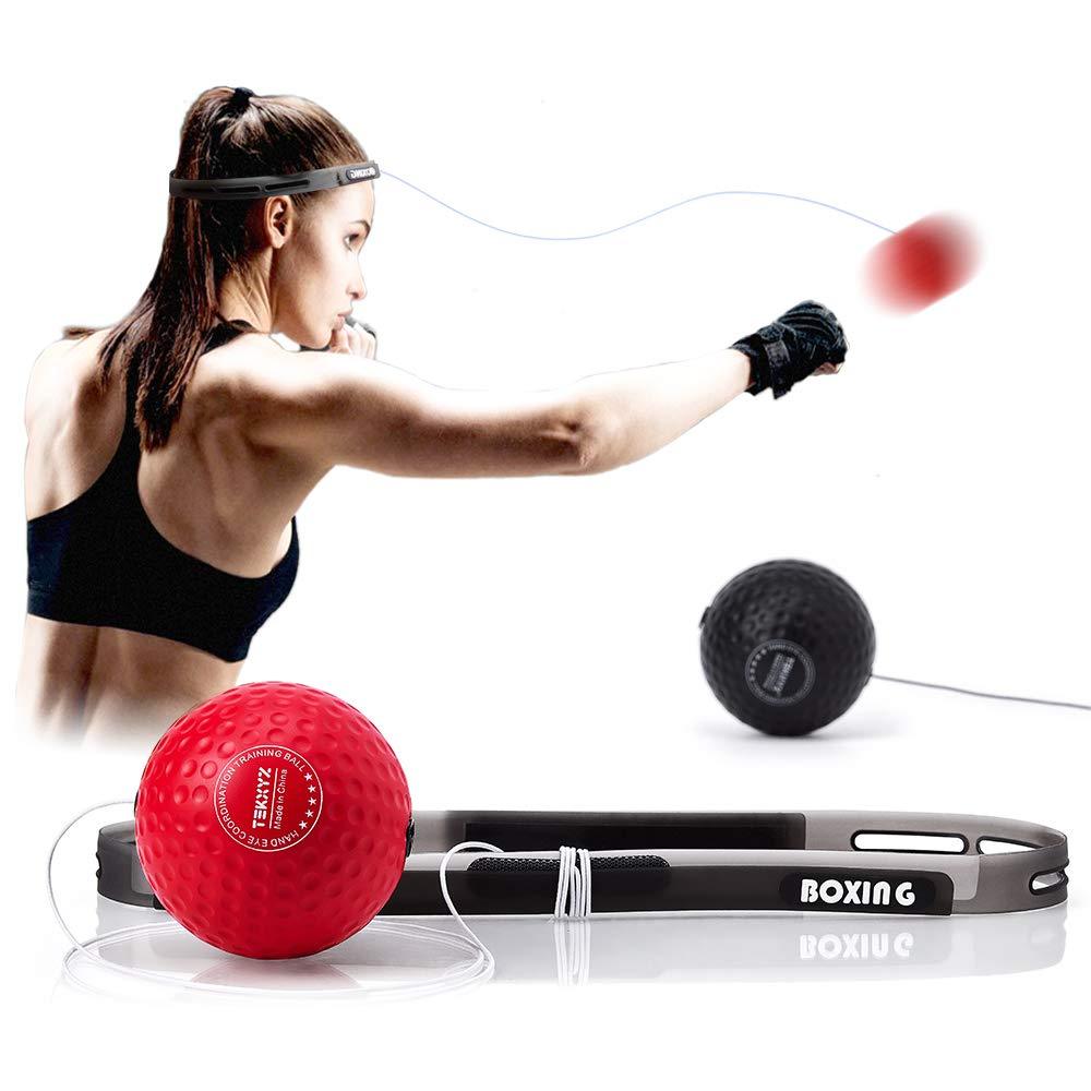 [AUSTRALIA] - TEKXYZ Boxing Reflex Ball, 2 Difficulty Level Boxing Ball with Headband, Softer Than Tennis Ball, Suit for Reaction, Agility, Punching Speed, Fight Skill and Hand Eye Coordination Training Black/Red 