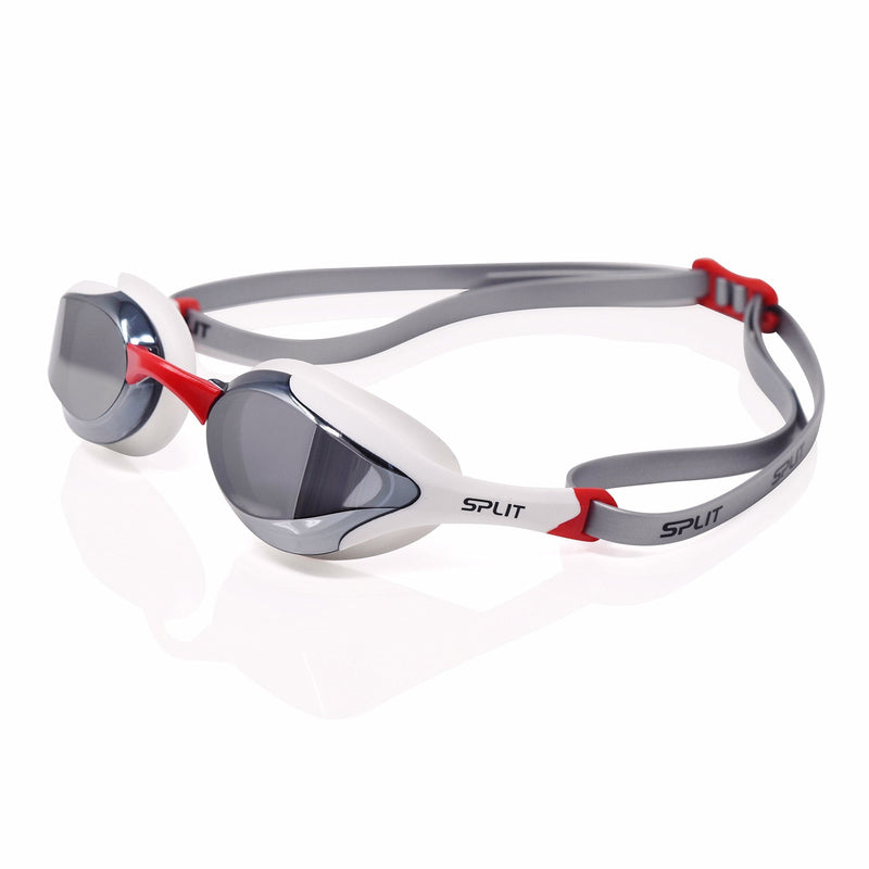 [AUSTRALIA] - Fluidix Competitive Swimming Goggles | Low Profile, Comfy & Adjustable Fit | Hydrodynamic Wide Angle Lenses for Better Vision | Anti Fog & Mirror Lenses | for Racing, Fitness, Triathlons, Laps & More White/Red 