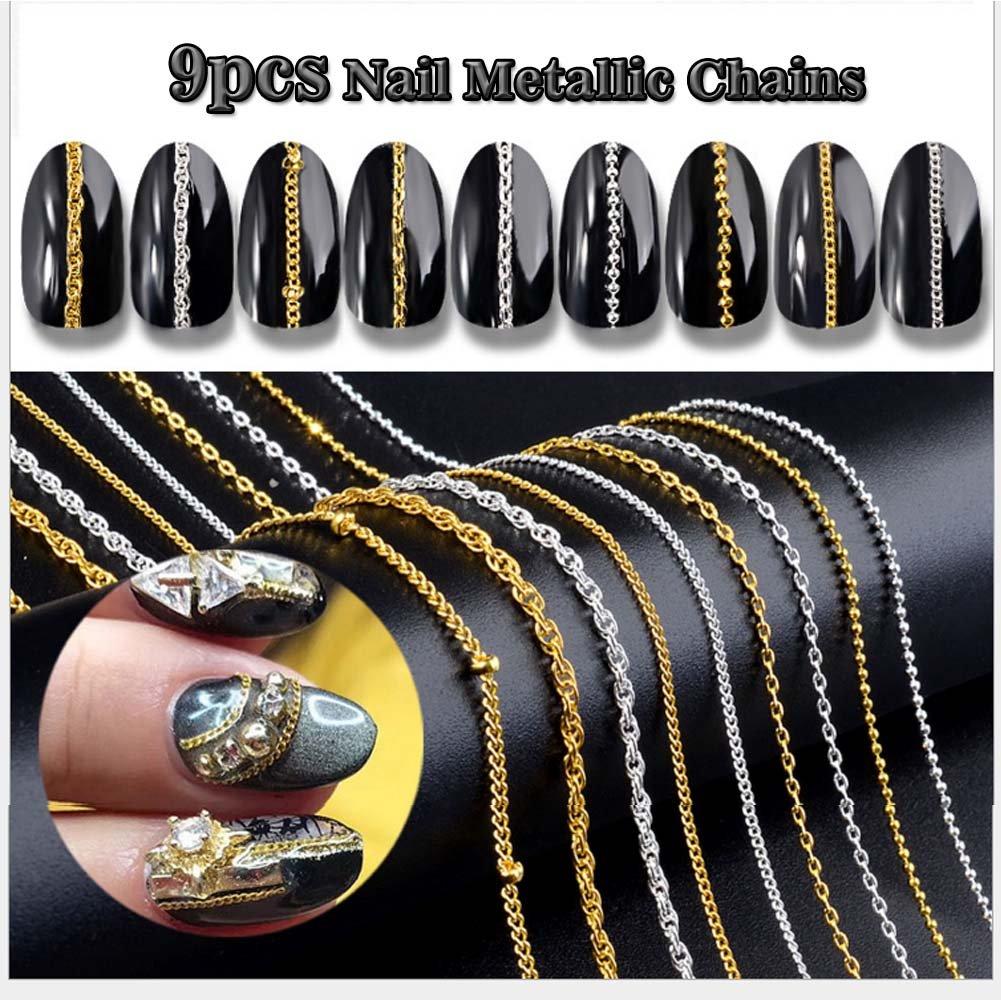 Lookathot 9pcs 3D Concise Metallic Chain Nail Art Stickers Decals 50cm Line Pattern Mixed Design Gold Silver Nail DIY Decoration Tools - BeesActive Australia