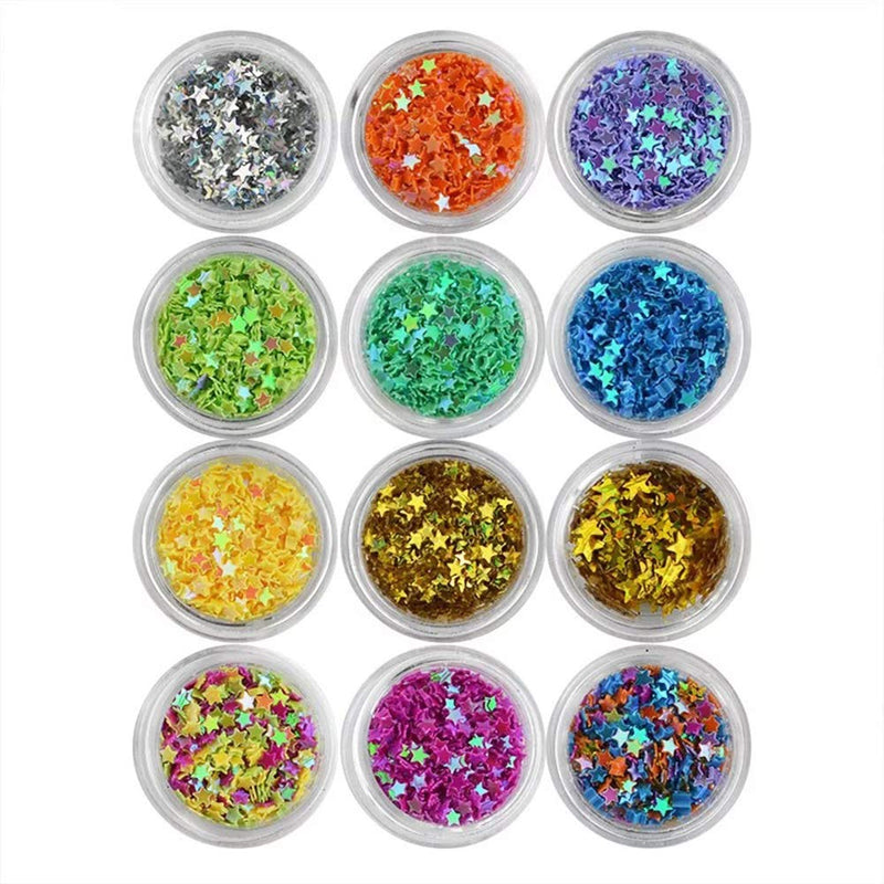 Minejin Nail Art Glitter Sequins Five Star 3D DIY Manicure Decals Decoration 12 Colors 12 Color Five Star Sequins - BeesActive Australia