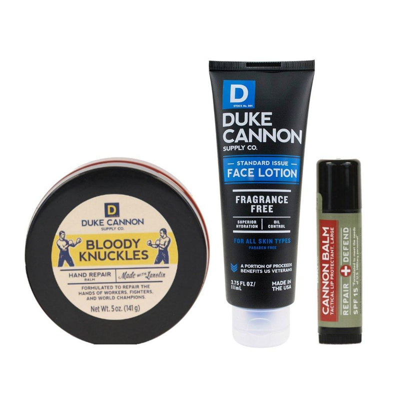 Duke Cannon Supply Co. - Mens Winter Defense Kit (3 Piece Set) Includes Bloody Knuckles Hand Repair Balm, Cannon Balm Lip Protectant, and Standard Issue Face Lotion - BeesActive Australia
