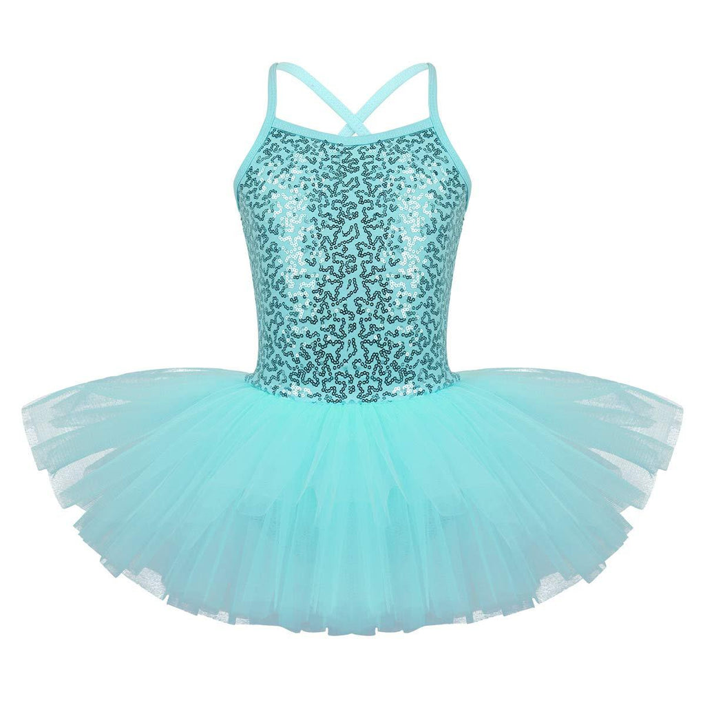 [AUSTRALIA] - MSemis Girls Sequin Ballet Tutu Dress Kids Criss Cross Back Gymnastics Leotard Ballet Dancewear Turquoise Tutu Dress 5-6 