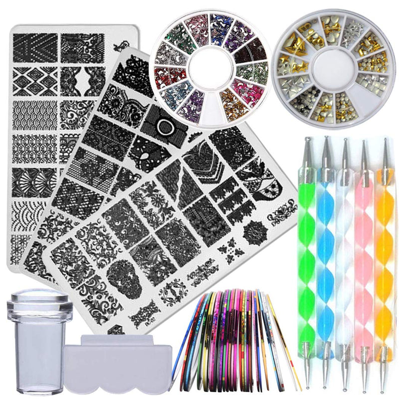 Nail Art Stamping Plate Kit Flower Geometric Image Stamping Template Stamper Scraper Rhinestones Decorations Mandala Dotting Pen Nai Striping Tape Manicure DIY Style B - BeesActive Australia