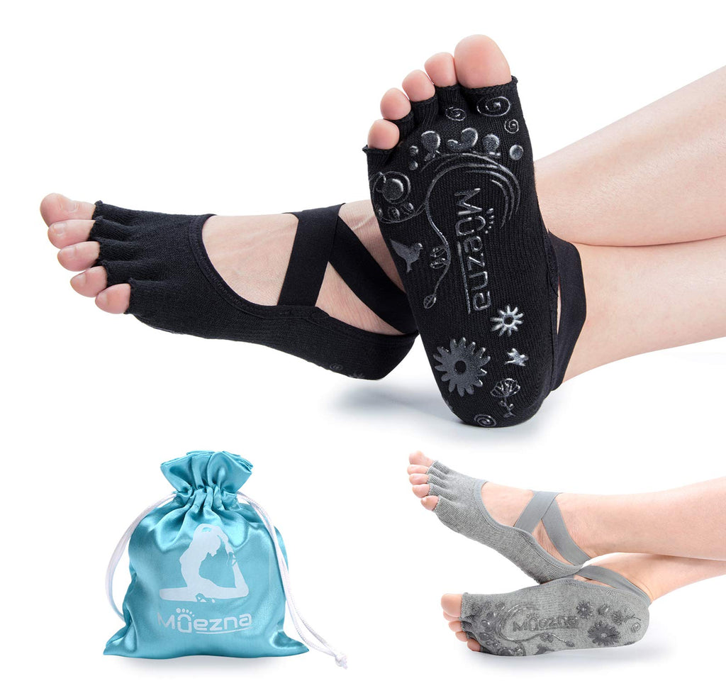 Muezna Non Slip Yoga Socks for Women, Toeless Anti-Skid Pilates, Barre, Ballet, Bikram Workout Socks with Grips Small 2 Pack - Black Gray - BeesActive Australia