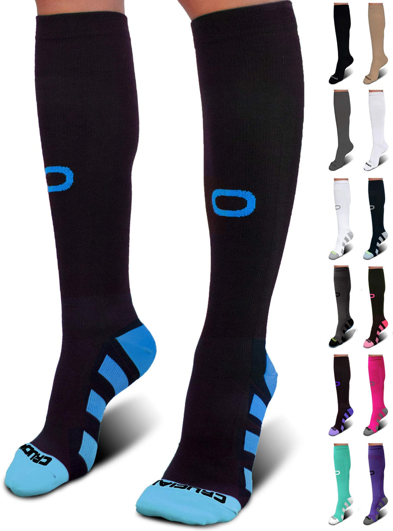 Crucial Compression Socks for Men & Women (20-30mmHg) Running, Athletic, Travel Large-X-Large Black / Blue - BeesActive Australia
