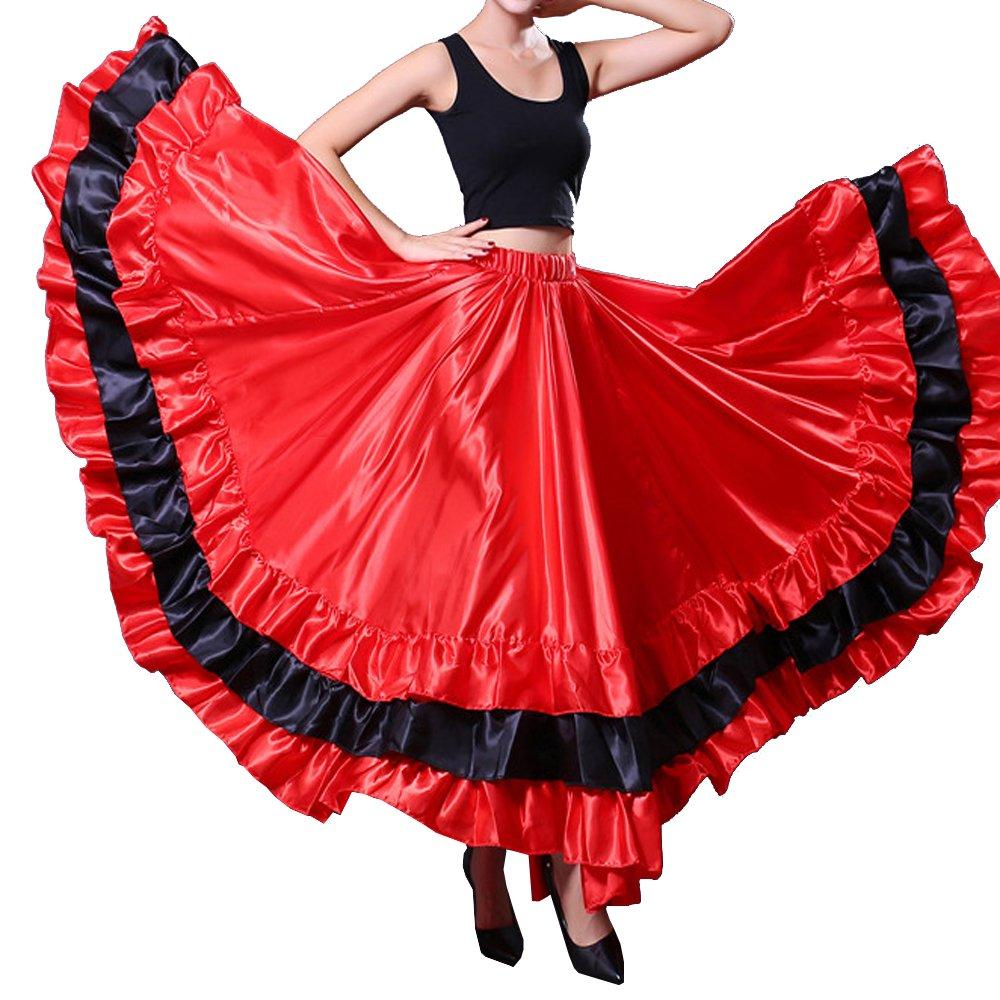 [AUSTRALIA] - Women Gypsy Performance Tiered Skirt Belly Spanish Bull Dance Dress Black Red Circle Skirt Red Theme 