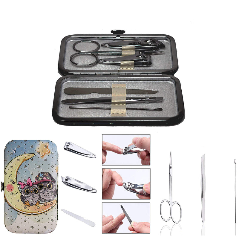 Manicure Box Set Women Pedicure Set Men, Facial Male Grooming Set 6 in 1 Professional Stainless Steel Nails Grooming Kit, w/Leather Travel Case Accessories and Tools Cuticle Cutter (Moon Owls) Moon Owls - BeesActive Australia