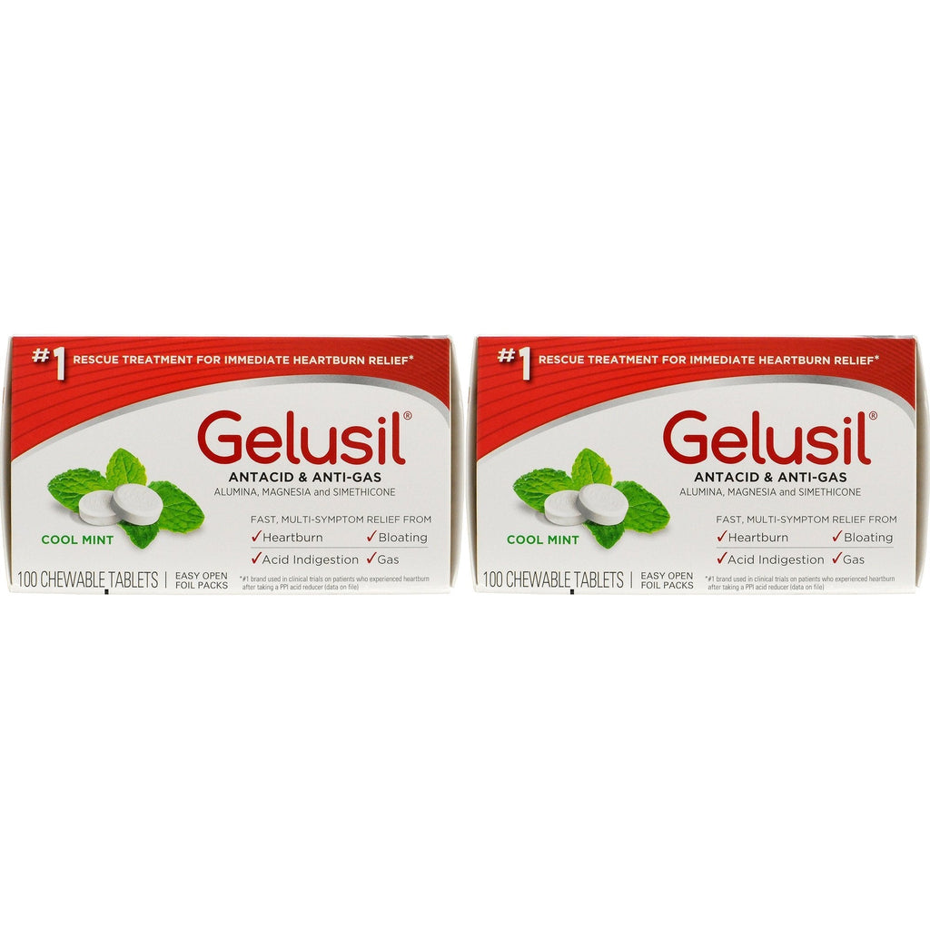 Gelusil Antacid & Anti Gas Tablets for Heartburn Relief, Acid Reflux, Bloating and Gas, Cool Mint - 100ct Blister Pack, 2 Count - BeesActive Australia