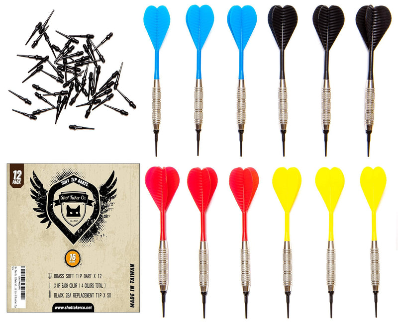 [AUSTRALIA] - SHOT TAKER CO. EST. 2017 Soft Tip Darts Set |12 pc Bar Darts | 50 Extra Black 2BA Tips | 3 of Each Colour| Perfect Fun Darts for 4 Players on Electronic and Plastic Dartboard 16g Silver 
