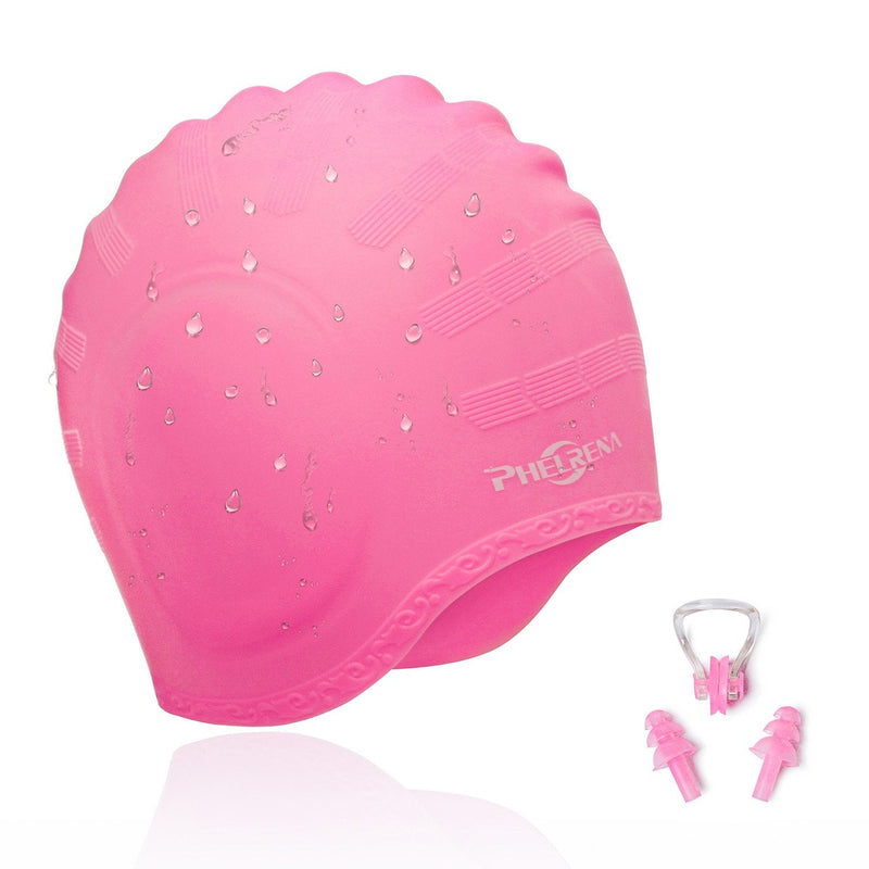 PHELRENA Swimming Cap Waterproof Premium Silicone Solid Long Hair Earmuffs Swim Cap Flexible Reversible for Adults Kids Women Men, Keeps Hair Clean Ear Dry, Free with Nose Clip and Ear Plugs pink - BeesActive Australia