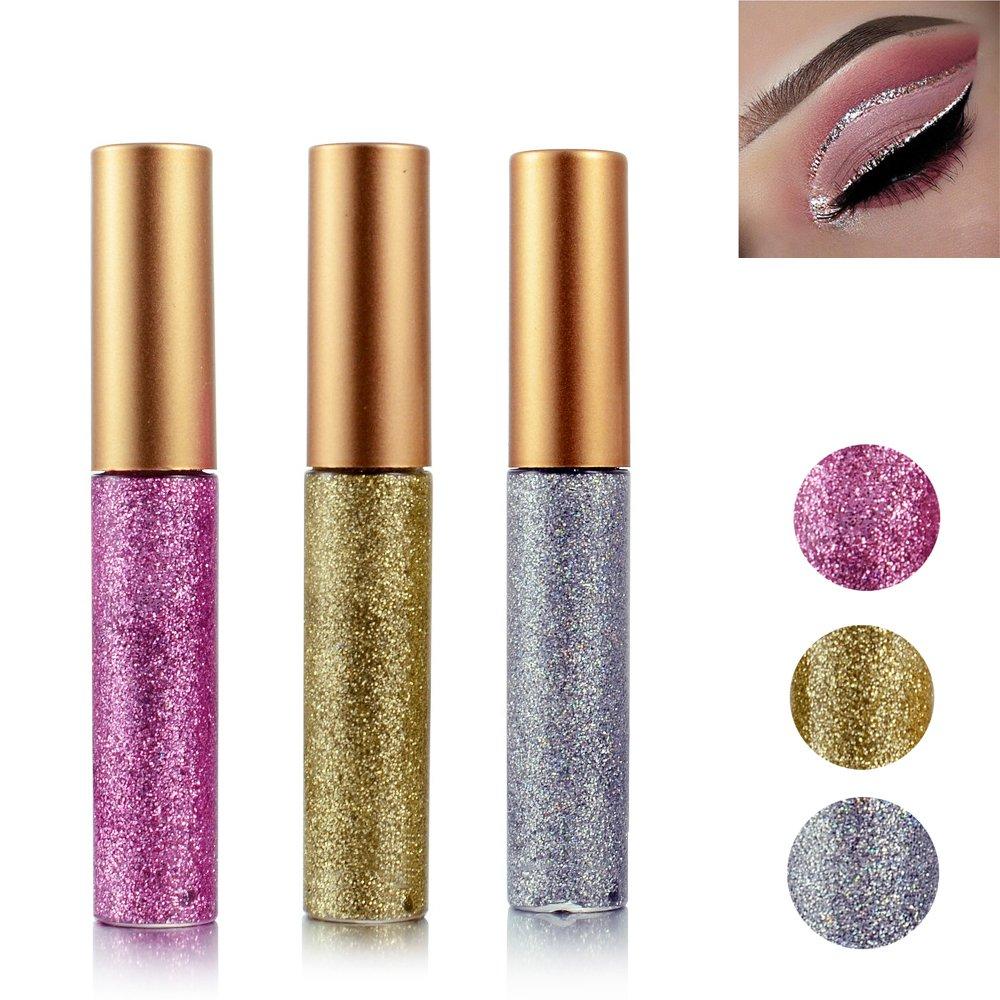 Liquid Glitter Eyeliner 3 Color Metallic Glitter Sparkling Eyeliner Face Eye Cosmetic Glow Shimmer Makeup Glitter Eye Shadow Long Lasting Sparkling Eyeliner Eye Shadow Gold Brown,Silver and Pink 3 Count (Pack of 1) - BeesActive Australia