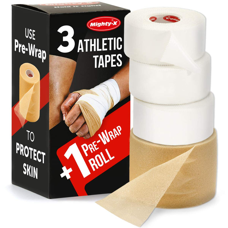 Mighty-X White Athletic Tape + PreWrap - 4 Pack - Easy to Tear with No Sticky Residue - Used as: Ankle Tape, Climbing Tape, Boxing Tape - Sports Tape Athletic - 1.5in x 45ft - BeesActive Australia