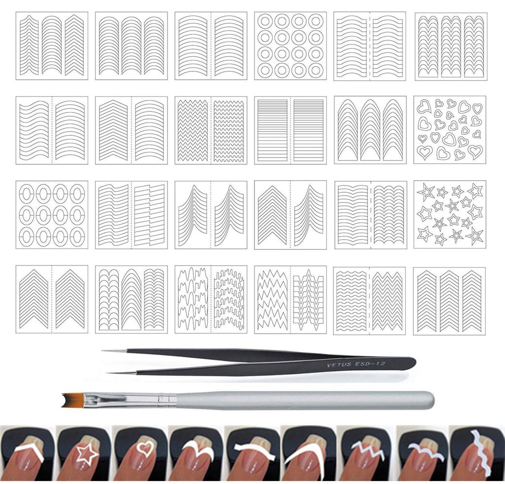 WOKOTO 24 Sheets French Nail Stickers For Women Heart Shape Star Wave Smile Shapes Image French Tip Guides Stickers With 1 Pcs Anti-Static Tweezers And 1 Pcs French Brush Set - BeesActive Australia