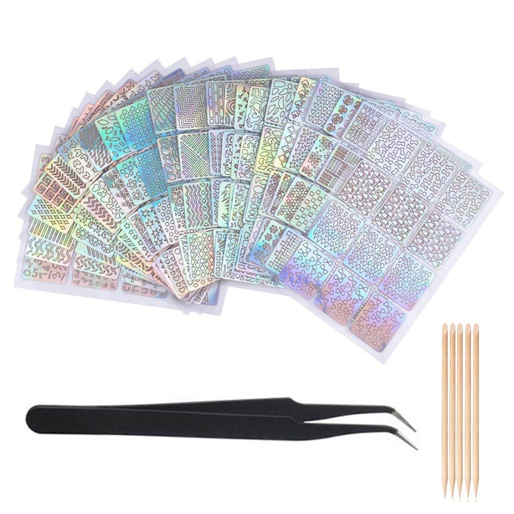 WOKOTO 24 Sheets Nail Vinyls Set Nail Stencils Hollow Nail Sticker Nail Art Tools For Diy With 1 Pcs Anti-Static Tweezers And 5 Pcs Wood Nail Art Stick Cuticle Pusher C - BeesActive Australia