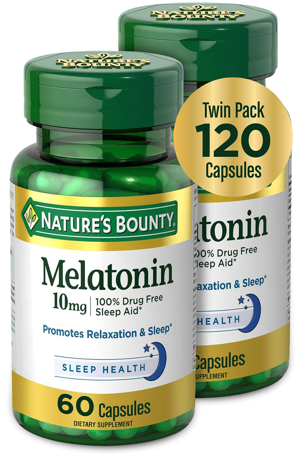 Melatonin by Nature's Bounty, 100% Drug Free Sleep Aid, Dietary Supplement, Promotes Relaxation and Sleep Health, 10mg, 60 Capsules (Pack of 2) 60 Count (Pack of 2) - BeesActive Australia