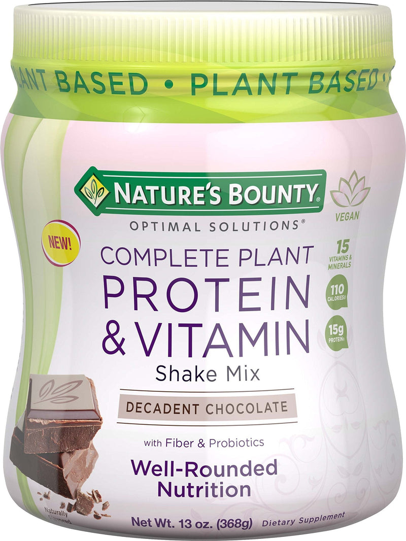 Complete Plant Protein & Vitamin Shake Mix by Nature's Bounty Optimal Solutions, with Fiber and Probiotics, Plant Based, Decadent Chocolate, 13 Oz - BeesActive Australia