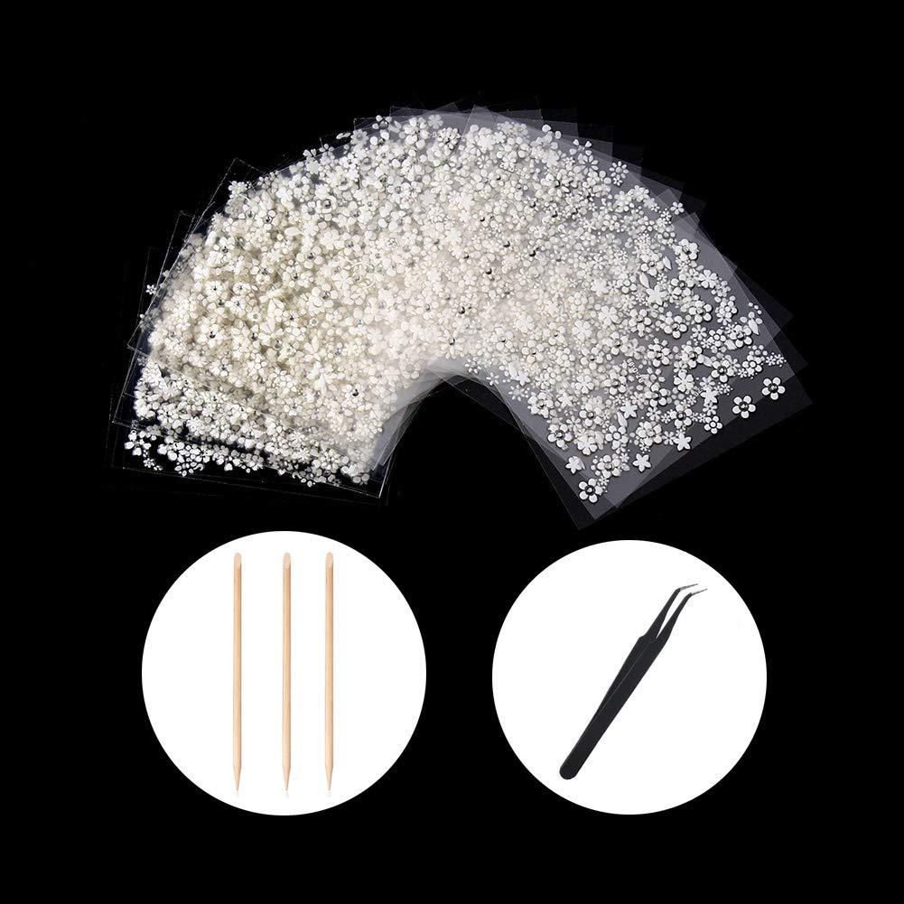 WOKOTO 30pcs White Adhesive 3d Nail Stickers Flower Nail Art Decoration Accessory With 1 Pcs Anti-Static Tweezers And 5 Pcs Wood Nail Art Stick Cuticle Pusher - BeesActive Australia