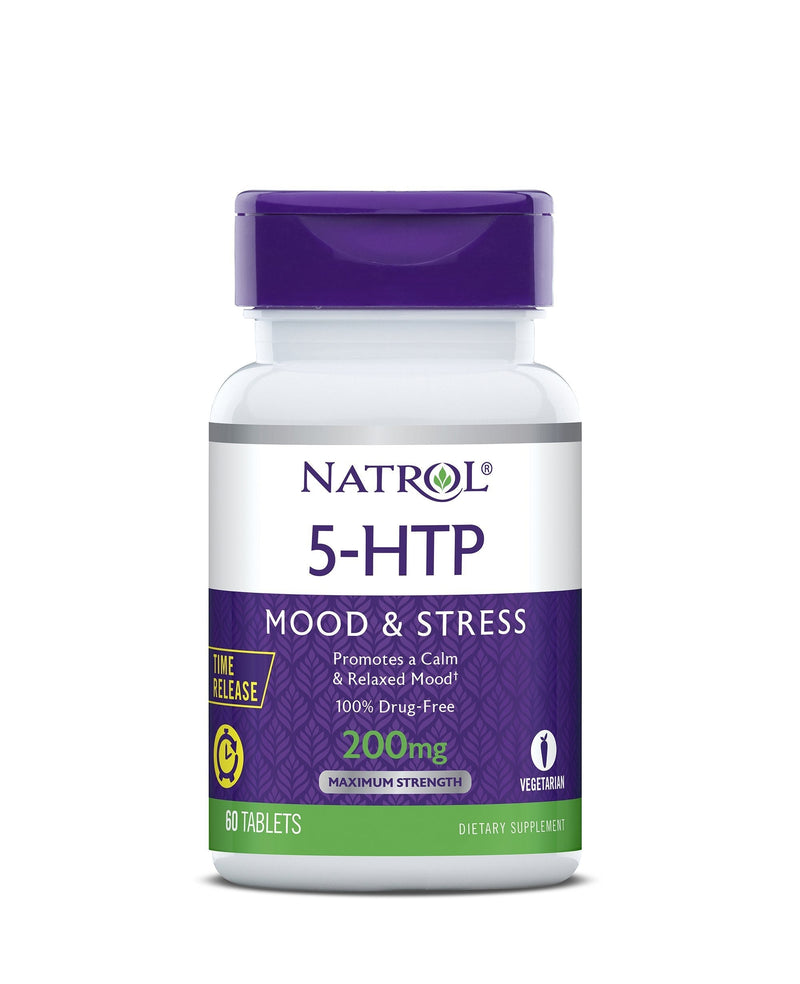 Natrol 5-HTP Time Release tablets, Promotes a Calm Relaxed Mood, Helps Maintain a Positive Outlook, Enables Production of Serotonin, Drug-Free, Controlled Release, Maximum Strength, 200mg, 60 Count 60 Count (Pack of 1) - BeesActive Australia