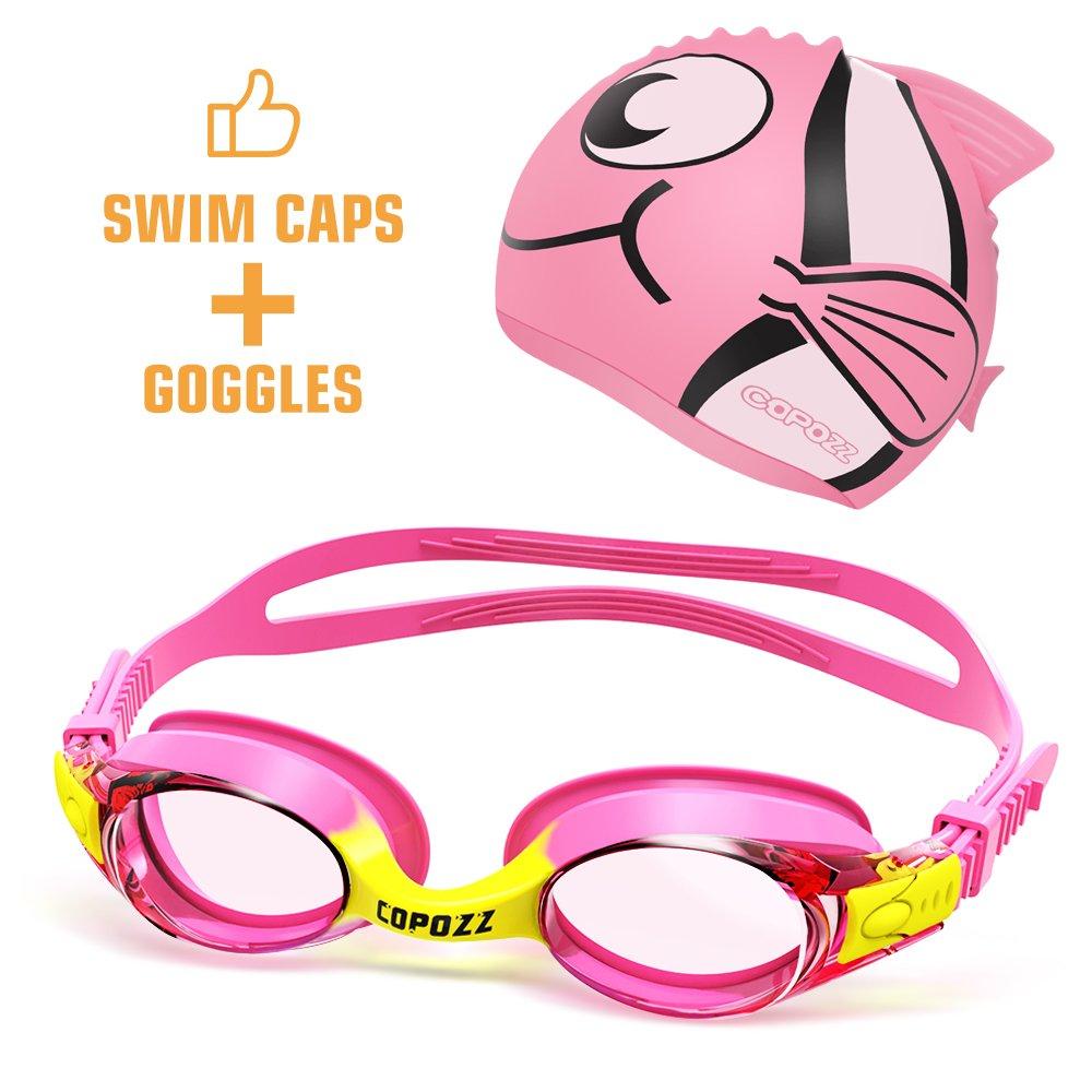 [AUSTRALIA] - COPOZZ Kids Swimming Goggles, Child (Age 4-12) Waterproof Swim Goggles with Clear Vision Anti Fog UV Protection No Leak Soft Silicone Frame and Strap for Kid Boys Girls (K1 Pink+ Cap) 