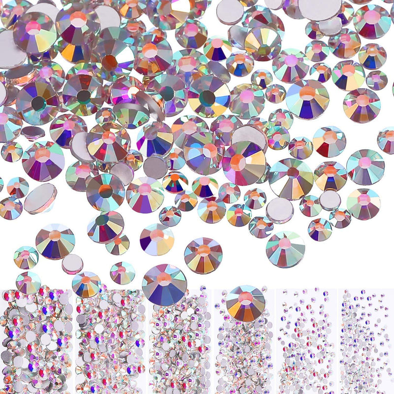 Bememo 3456 Pieces Nail Crystals AB Nail Art Rhinestones Round Beads Flatback Glass Charms Gems Stones, 6 Sizes for Nails Decoration Makeup Clothes Shoes (Iridescent) Iridescent - BeesActive Australia