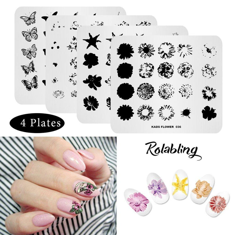 Rolabling 4 Pcs Nail Art Stamping Plate Set Spring Flower Nature Series Image Plates Nail Art Polish Stamping Template Manicure Tools (009) 2 - BeesActive Australia