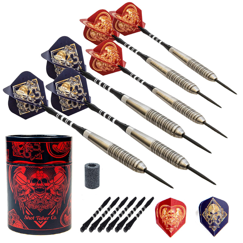 [AUSTRALIA] - SHOT TAKER CO. EST. 2017 Professional Stainless Steel Tip Darts Set | 6 Stainless Steel Barrels 22g | 6 Aluminum Shafts 48mm | 8 Flights Standard | 1 Darts Sharpener | 1 Stylish Case Red Skull 21g 