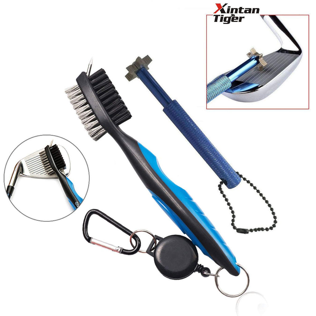 Xintan Tiger Golf Tool Set -Retractable Golf Club Brush and 6 Heads Golf Club Groove Sharpener.Perfect Gift for Golfers-Practical Sharp and Clean Kits for All Golf Irons(Blue) - BeesActive Australia