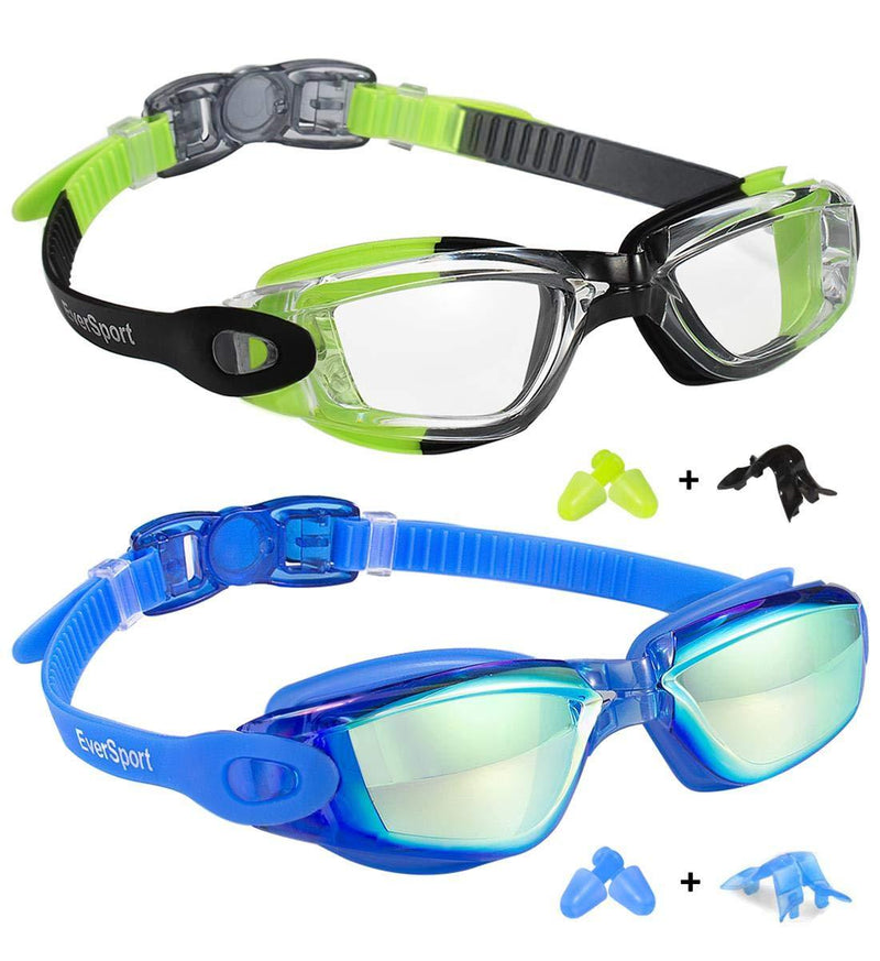 [AUSTRALIA] - EverSport Kids Swim Goggles, Pack of 2 Kids Swimming Goggles, Crystal Clear Swimming Goggles for Children and Teens, Anti-Fog Anti-UV Youth Swim Glasses, Leak Proof, Soft Silicone Frame, for 4-16 Y/O Green/Black & Mirrored Blue 