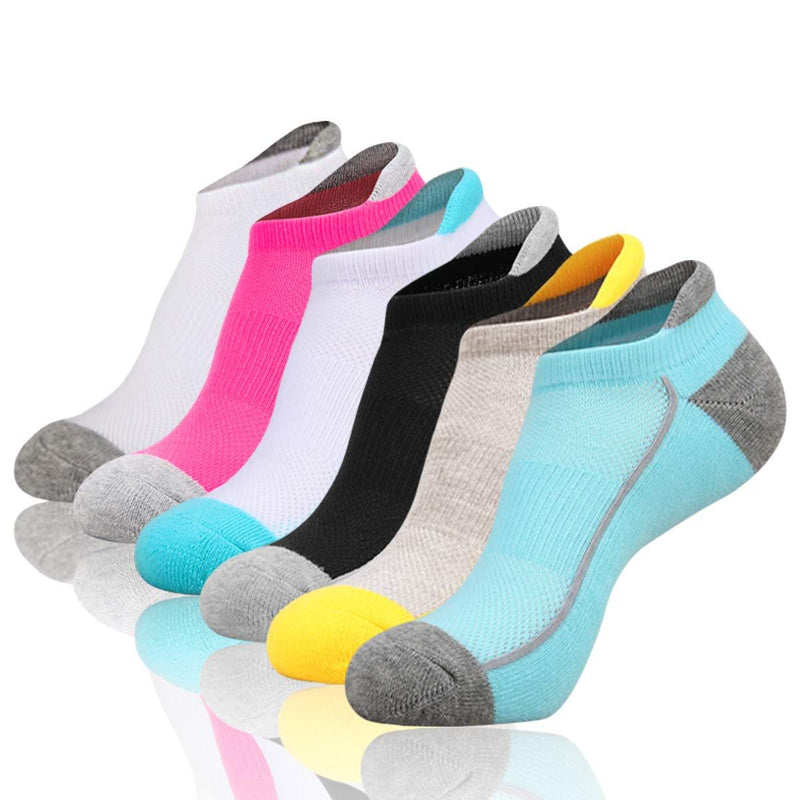 [AUSTRALIA] - Heatuff Womens Low Cut Ankle Athletic Socks Cushioned Running Performance Breathable Tab Sock 6 Pack Black 1,white 1,red 1,yellow 1,blue and Grey 1,blue and White 1. 