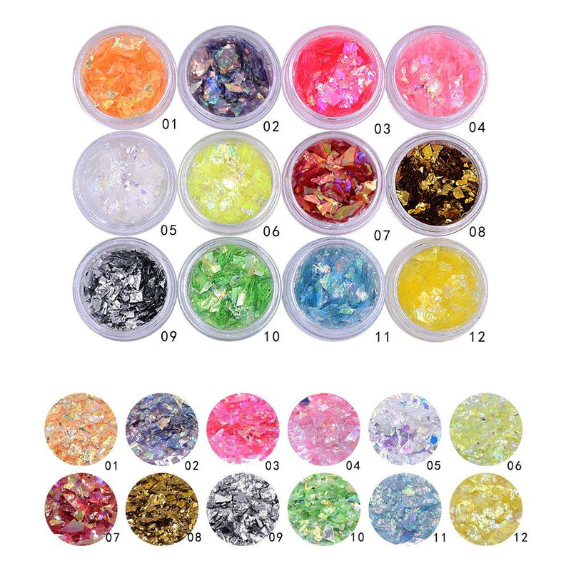 Minejin Nail Art Glitter Foil Slice Glass Broken Piece Stickers Decoration Decal Tips 12 colors 12 Color Broken Glass Piece - BeesActive Australia