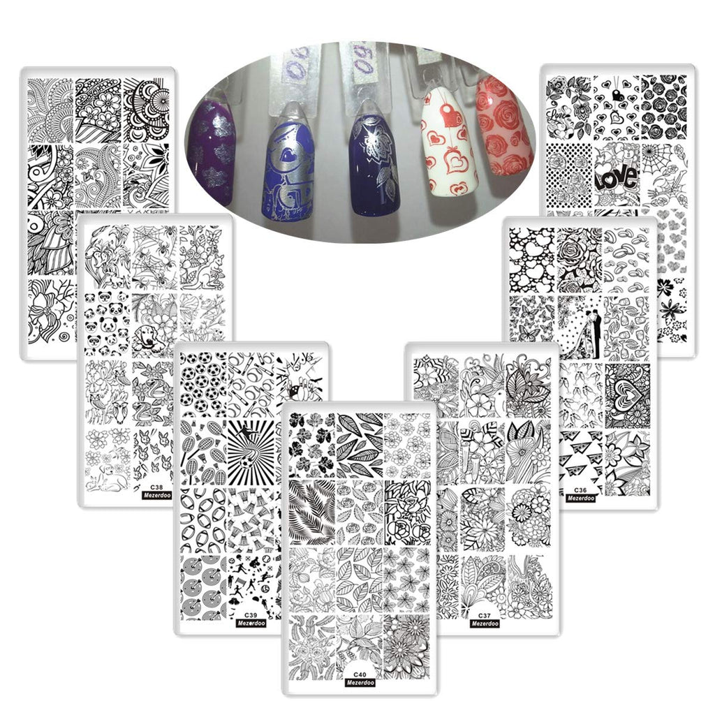 Love Celebrate Theme Rectangle 7Pcs Nail Art Stamp Template Set Leaf Panda Football Pattern Stamp Image Plate DIY Manicure Template - BeesActive Australia