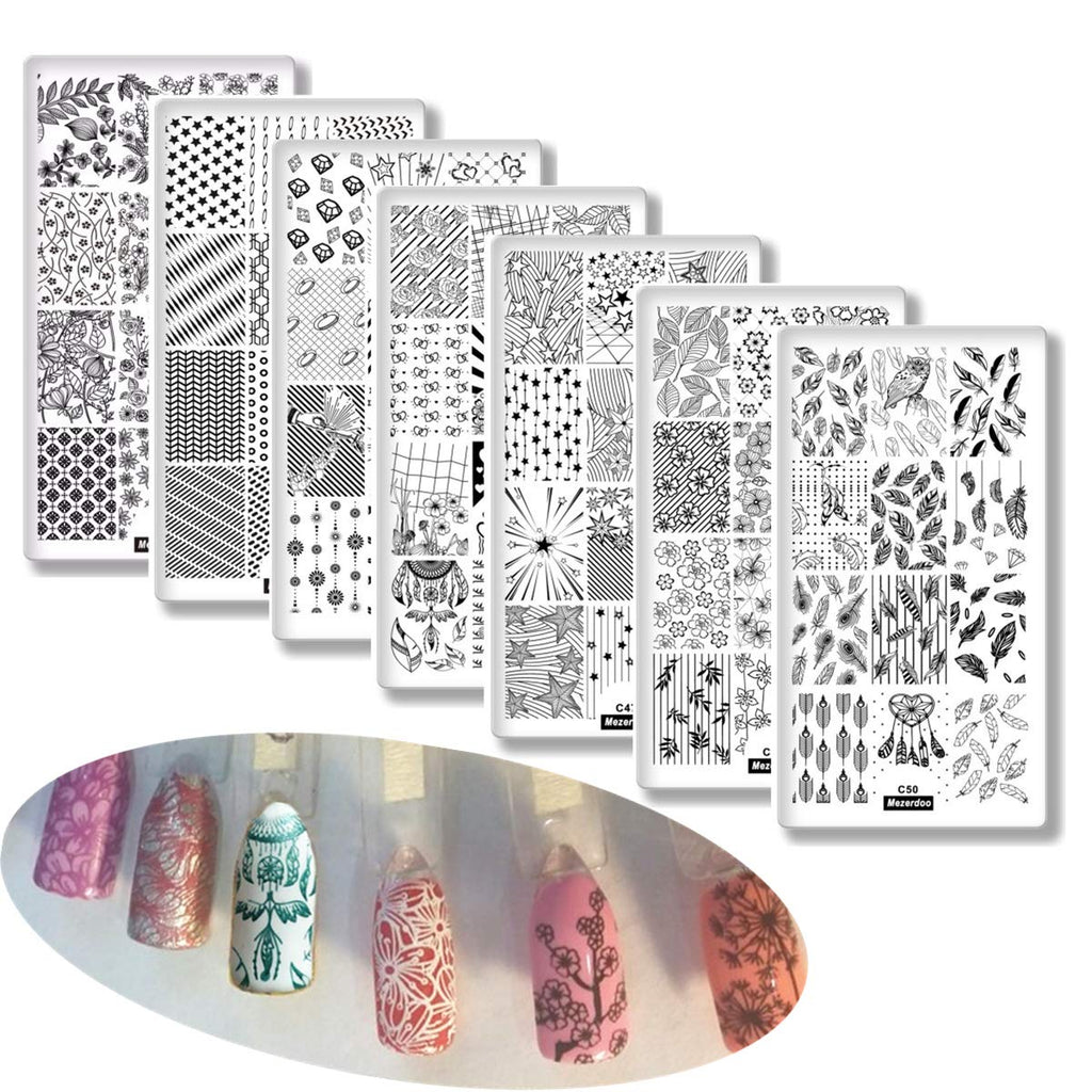 7Pcs Valentine's Day Nail Art Templates Stamping Plate Set Lace Flowers Feather Love Design Nail Art Plate Line Geometric Printing Stencil Tools - BeesActive Australia