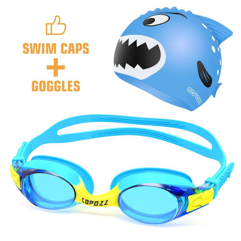 [AUSTRALIA] - COPOZZ Kids Swimming Goggles, Child (Age 4-12) Waterproof Swim Goggles with Clear Vision Anti Fog UV Protection No Leak Soft Silicone Frame and Strap for Kid Boys Girls and Early Teens (K1 Blue + Cap) 